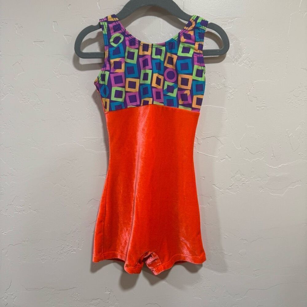 Motionwear Gymnastic leotard Orange velvet with Geometric Pattern Girls size 6x/